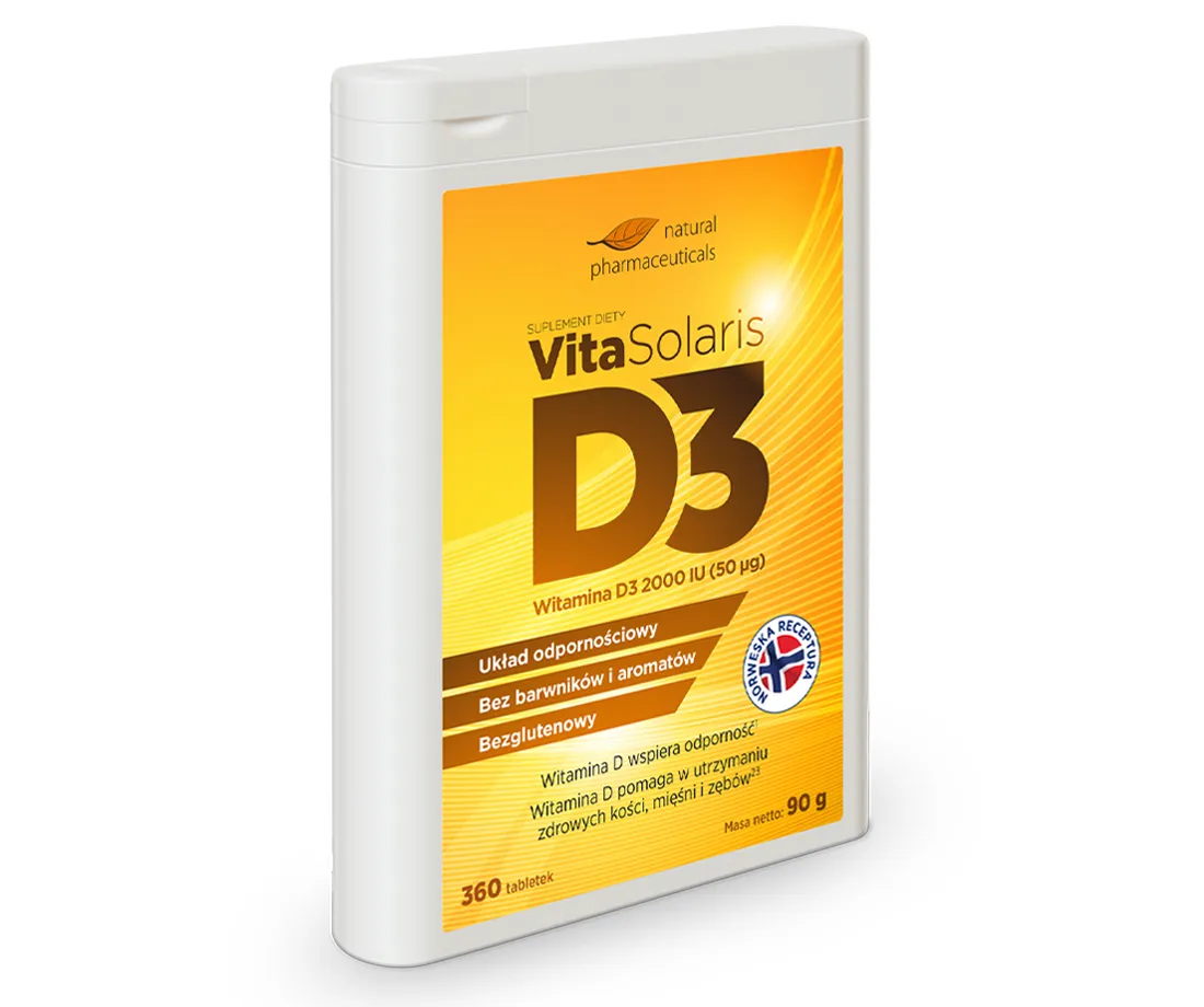 Natural Pharmaceuticals VitaSolaris® D3 Opakowanie suplementu diety VitaSolaris® witamina D3 2000 IU, wspierającego odporność, bez glutenu i barwników.