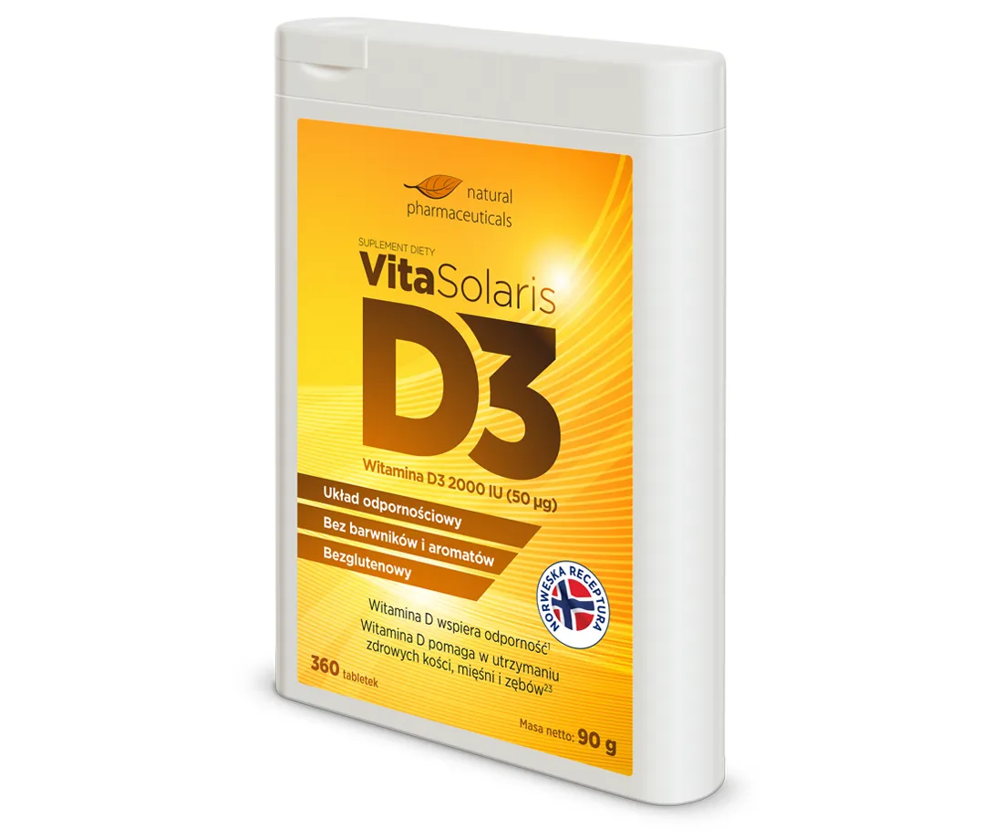 Natural Pharmaceuticals VitaSolaris® D3 Opakowanie suplementu diety VitaSolaris® witamina D3 2000 IU, wspierającego odporność, bez glutenu i barwników.